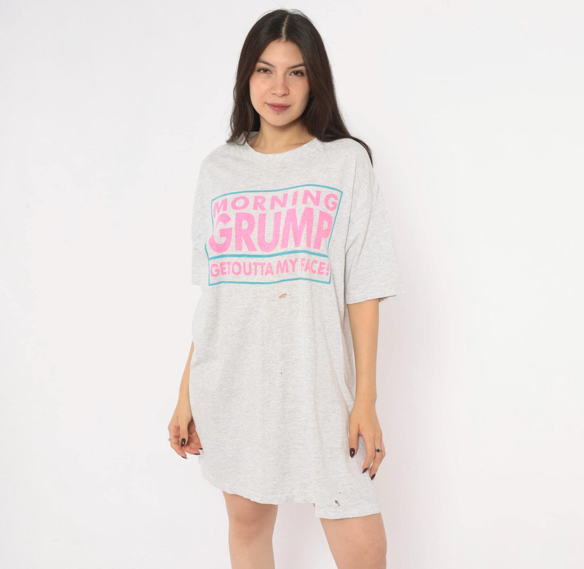 90s Cigli Slogan T-Shirt Dress Grey Heather Cotton Pink Teal Print Small