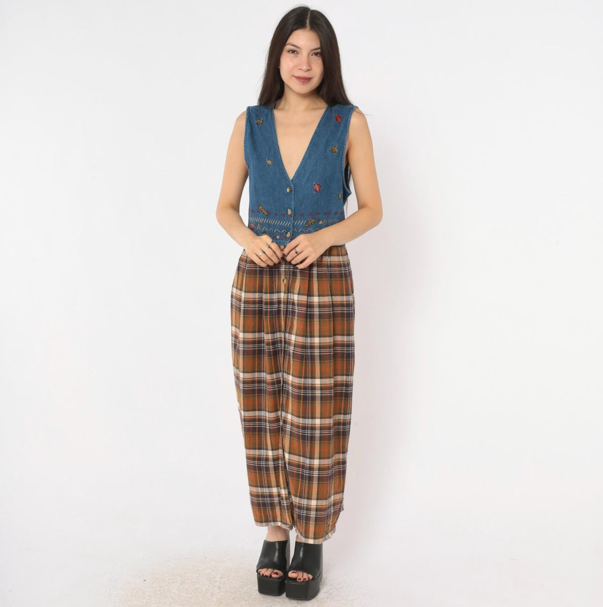 90s Casey&Max Denim Plaid Midi Dress Embroidered Leaves V Neck Large