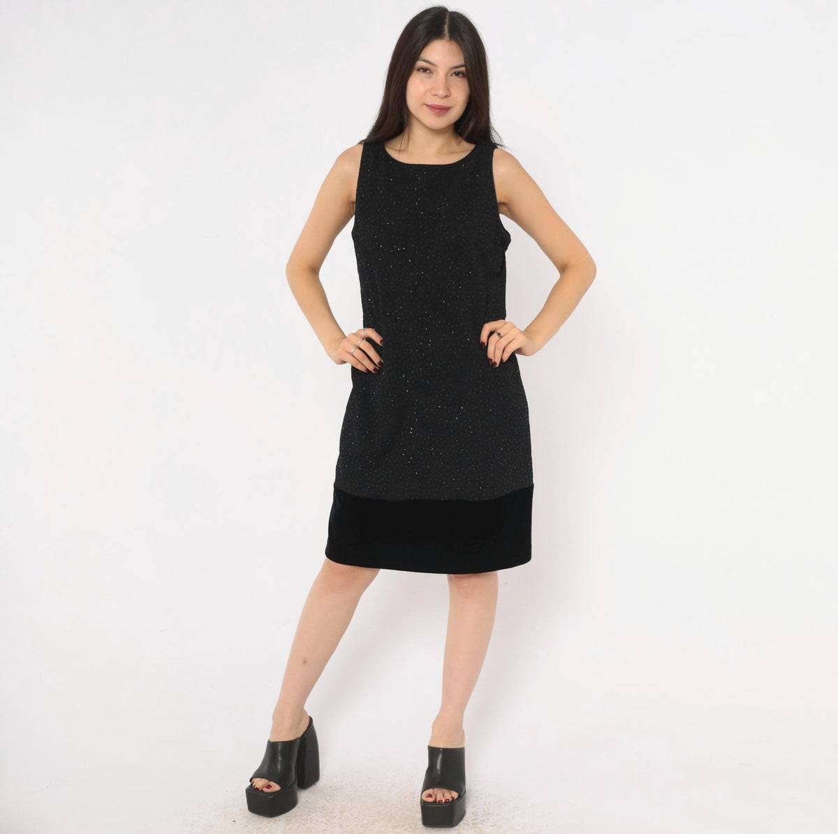 90s Jessica Howard Black Glitter Dress Velvet Trim V Back Knee Length Medium M