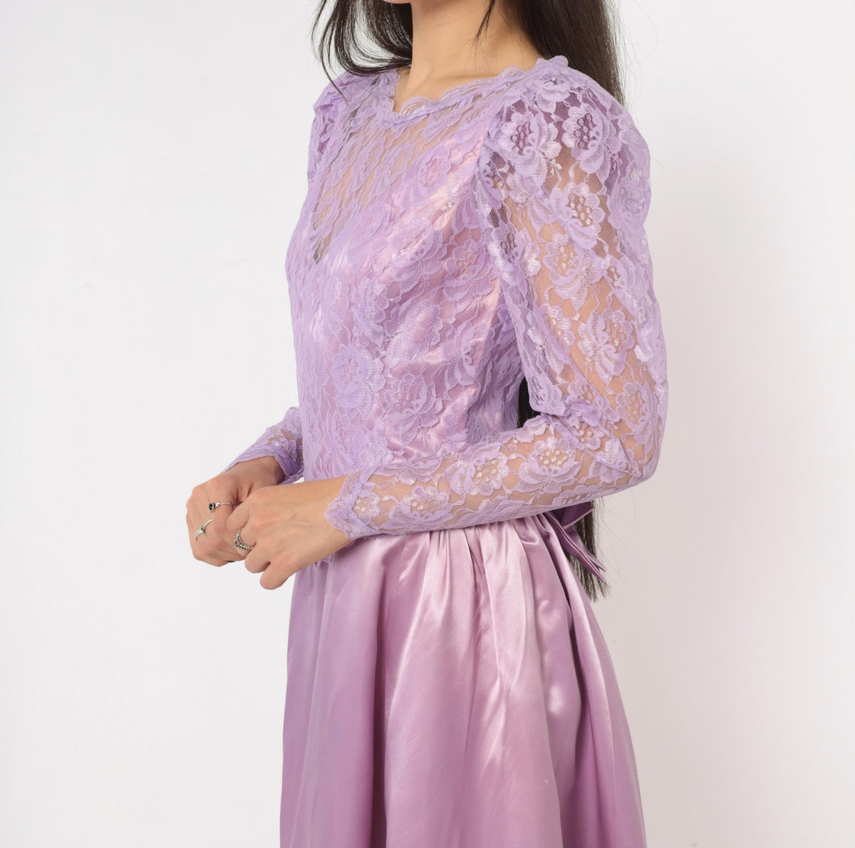 80s Lavender Lace Midi Dress Puff Sleeve Satin Purple V Neck Small