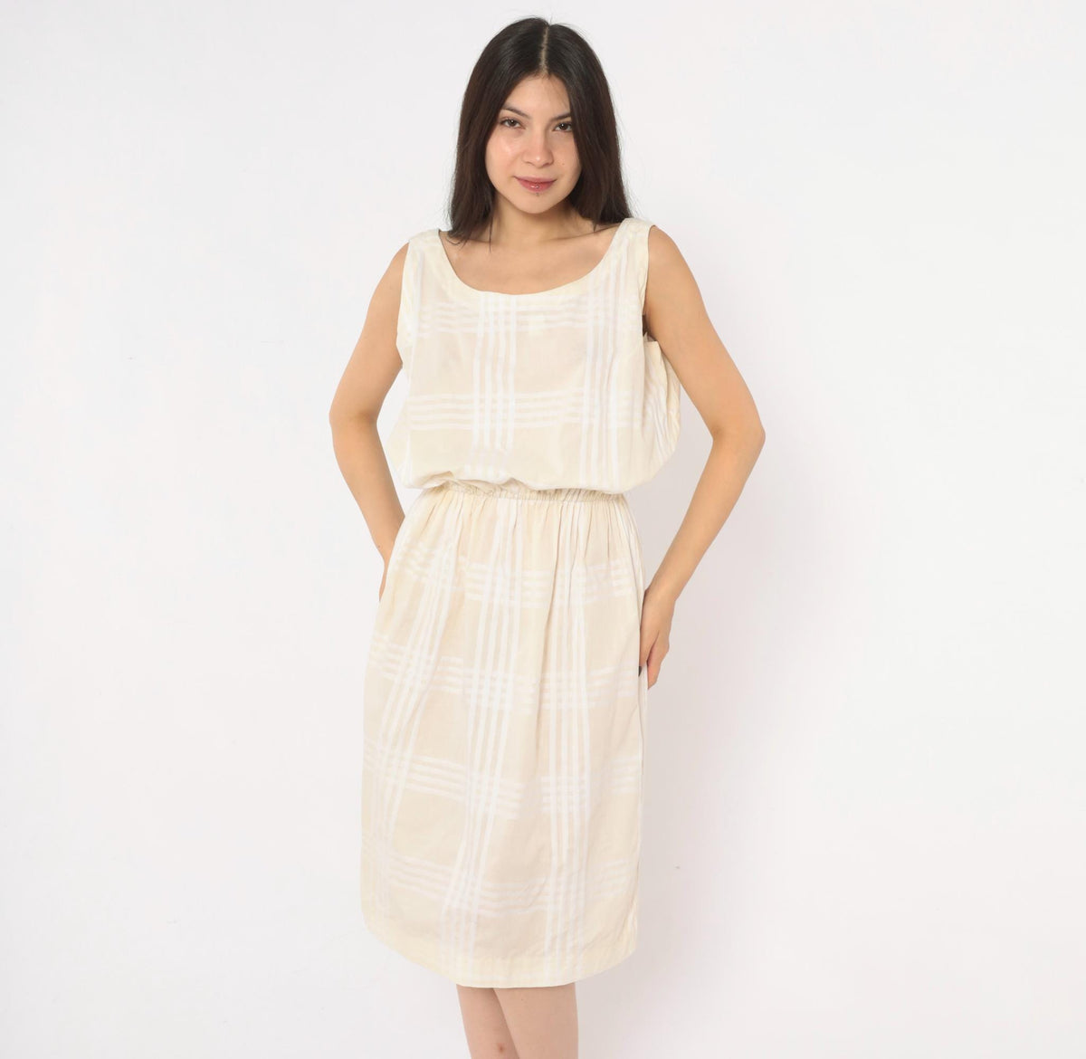 80s Cream Plaid Sleeveless Sundress Scoop Neck Blouson Waist Medium M