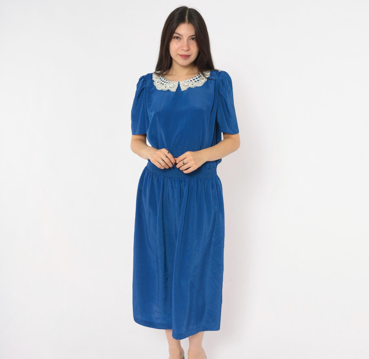 80s Stuart Alan Cobalt Midi Dress Lace Collar Puff Sleeve Dot Print Medium