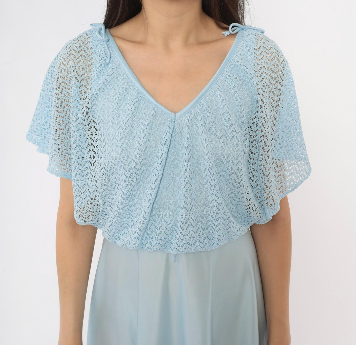 70s Light Blue Maxi Dress Pointelle Knit Capelet V Neck Flutter Sleeve Small