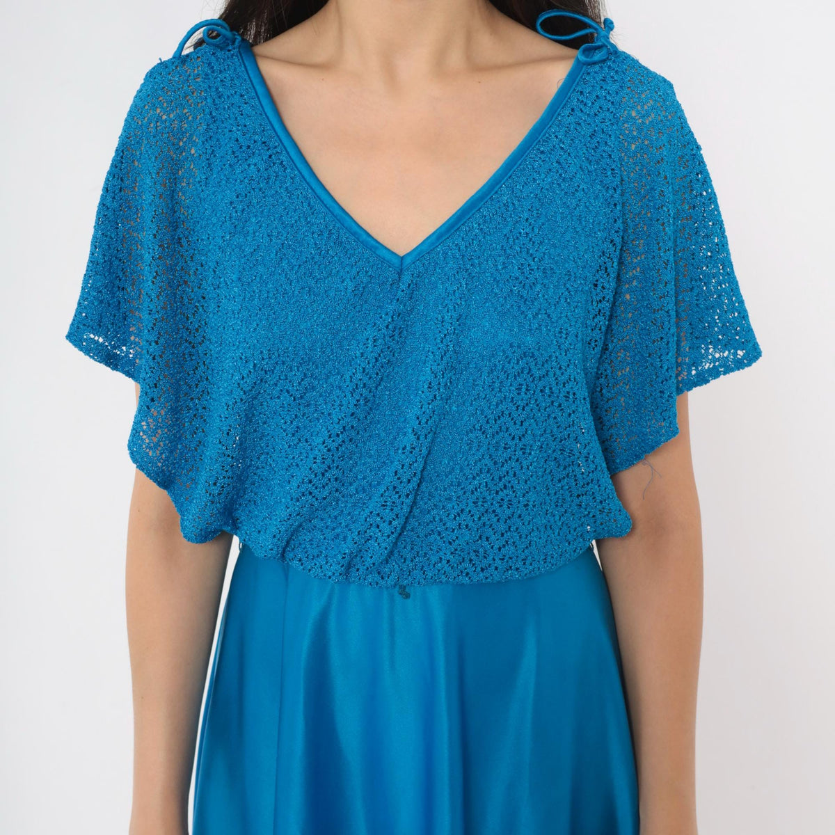 70s Cobalt Blue Crochet Knit Dress Flutter Sleeve V Neck Drop Waist Small