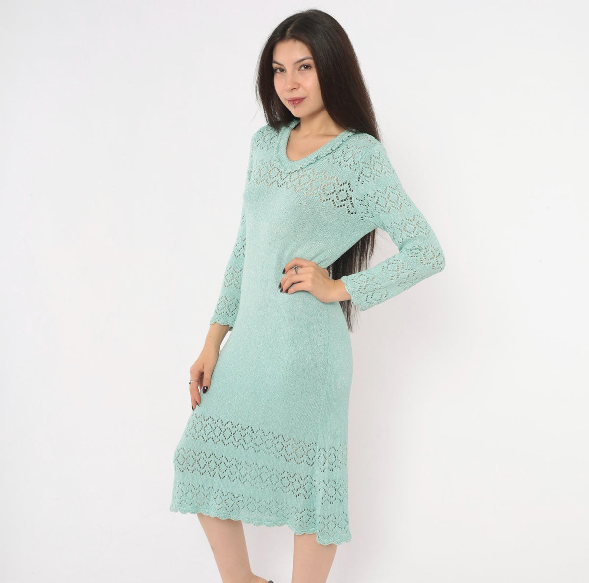 70s Seafoam Pointelle Knit Dress Cotton V-Neck Scalloped Long Sleeve Medium