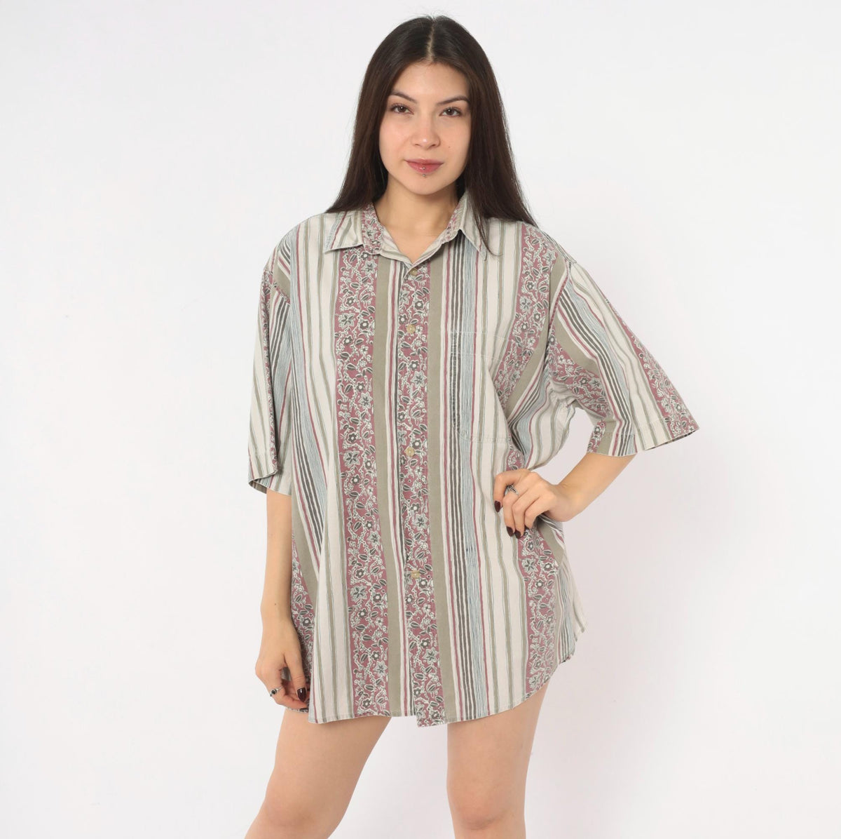90s Key Elements Striped Floral Cotton Shirt Cream Rust Extra Large XXL
