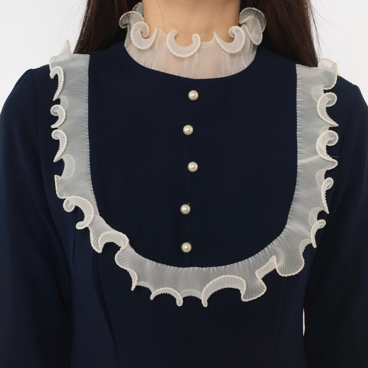 60s Navy Babydoll Dress White Ruffle Bib Mock Neck Pearl Buttons Small