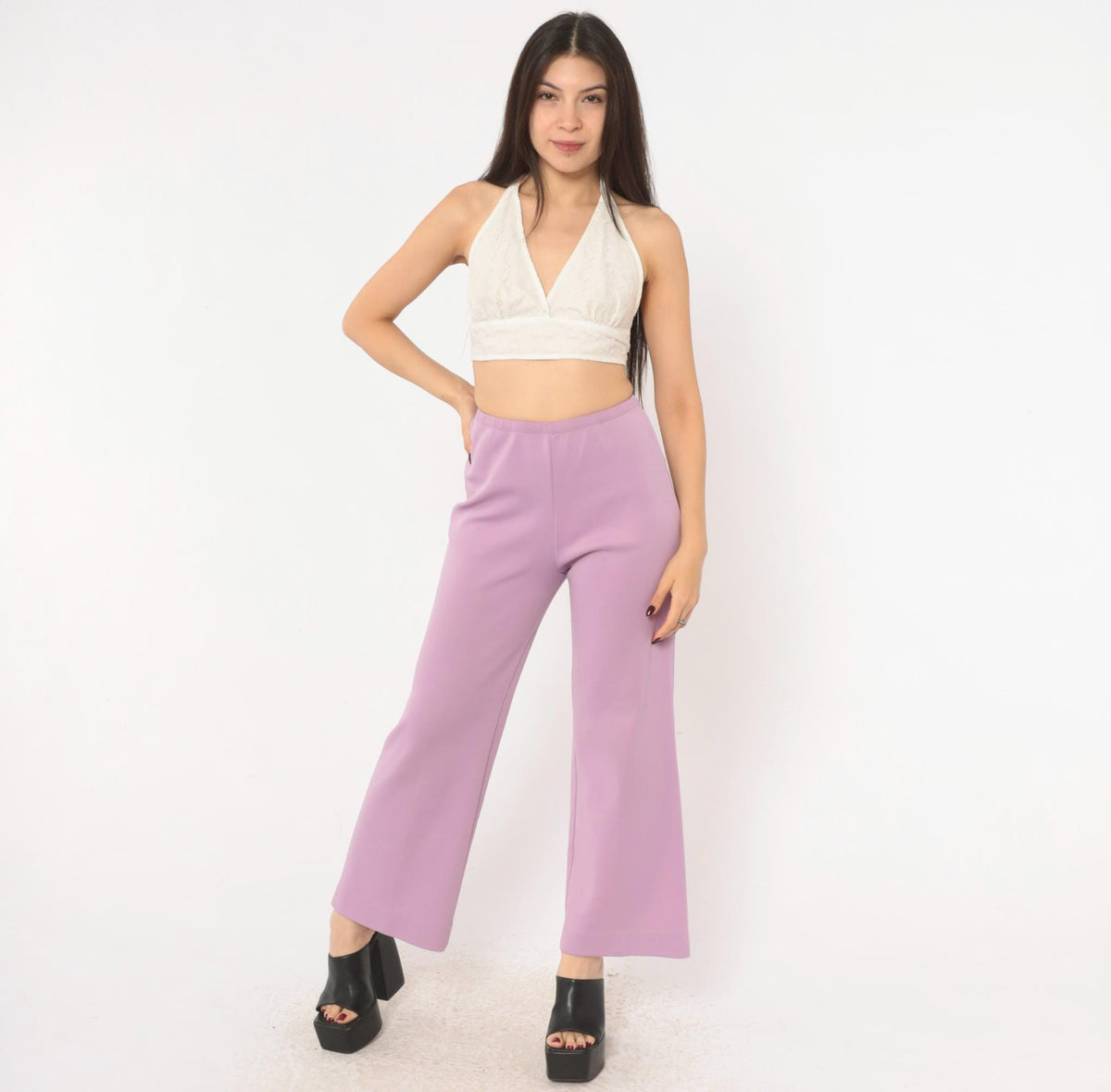 70s Lavender High-Waist Wide-Leg Flare Pants Pull-On Cropped Small