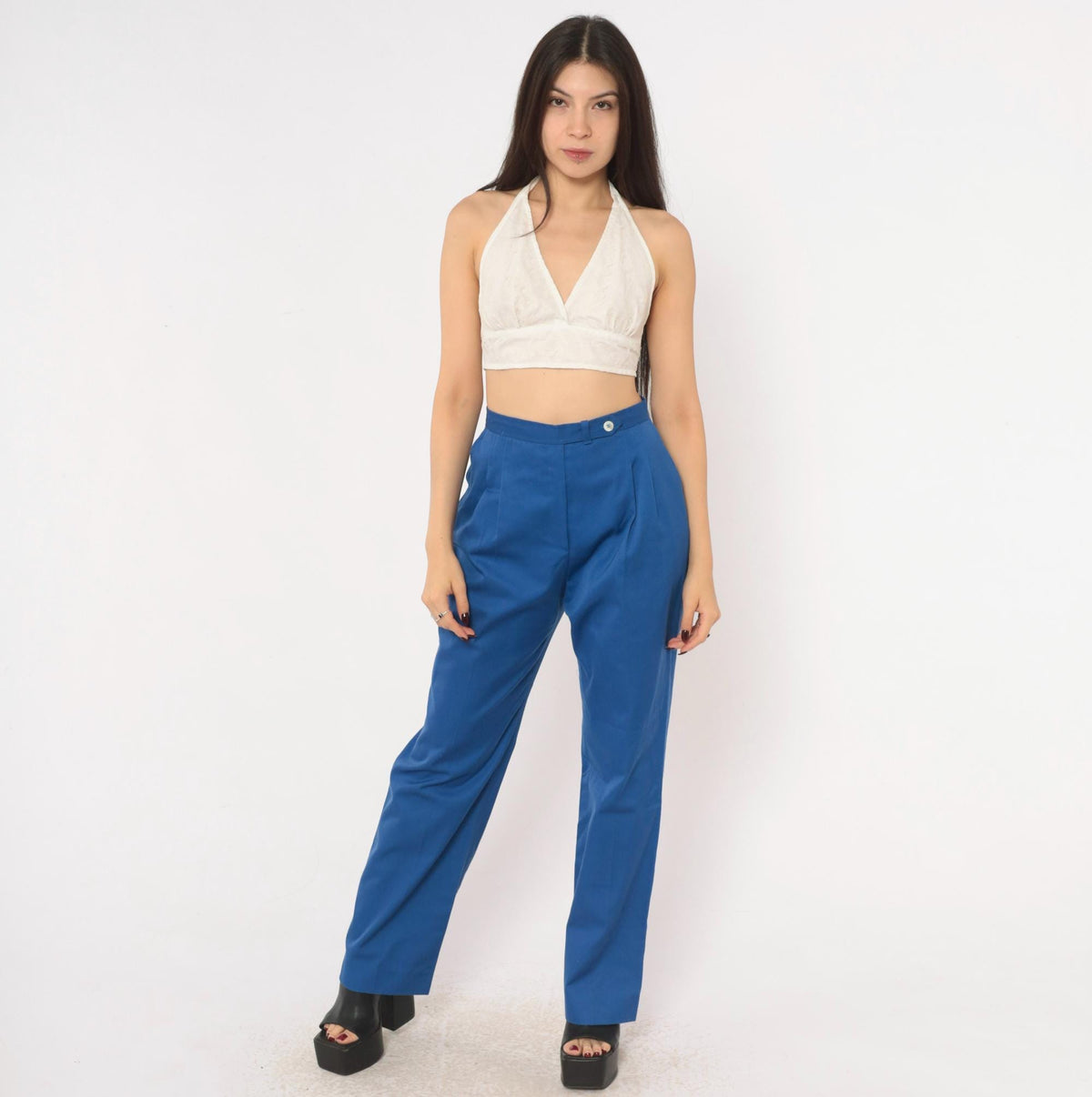 70s Evan-Picone Cobalt High-Waist Pleated Trousers Straight Leg Small S