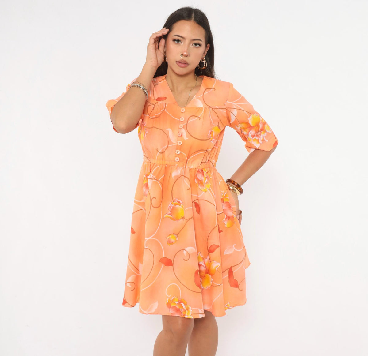 90s Orange Floral Knee-Length Dress V-Neck Button Front A-Line Medium M