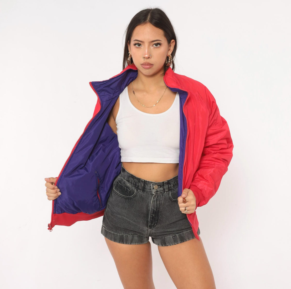 90s Columbia Reversible Bomber Jacket Red Purple Color Block Medium