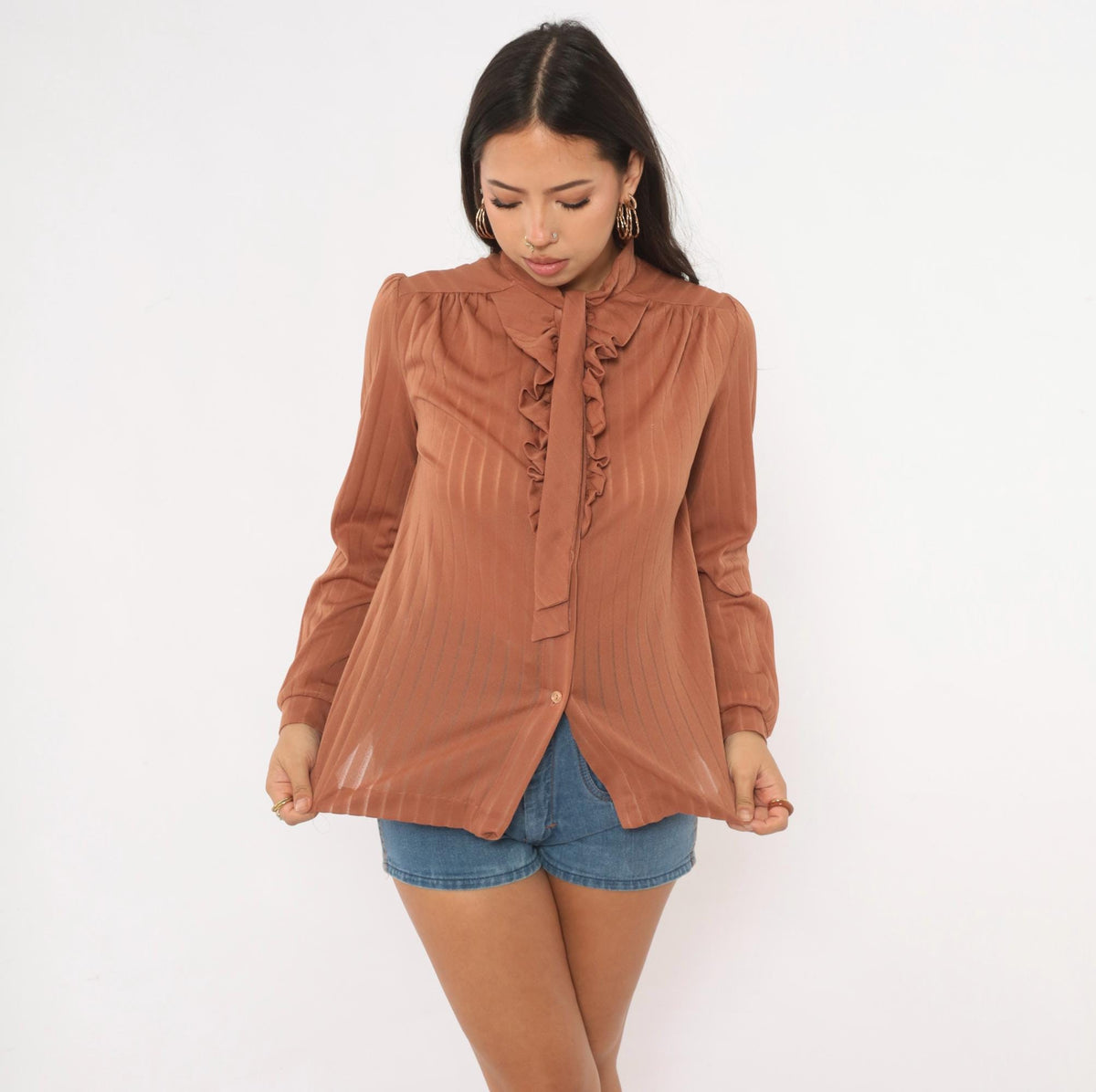 70s Graff Tan Ruffle Jabot Blouse Mock Neck Pleated Semi-Sheer Medium