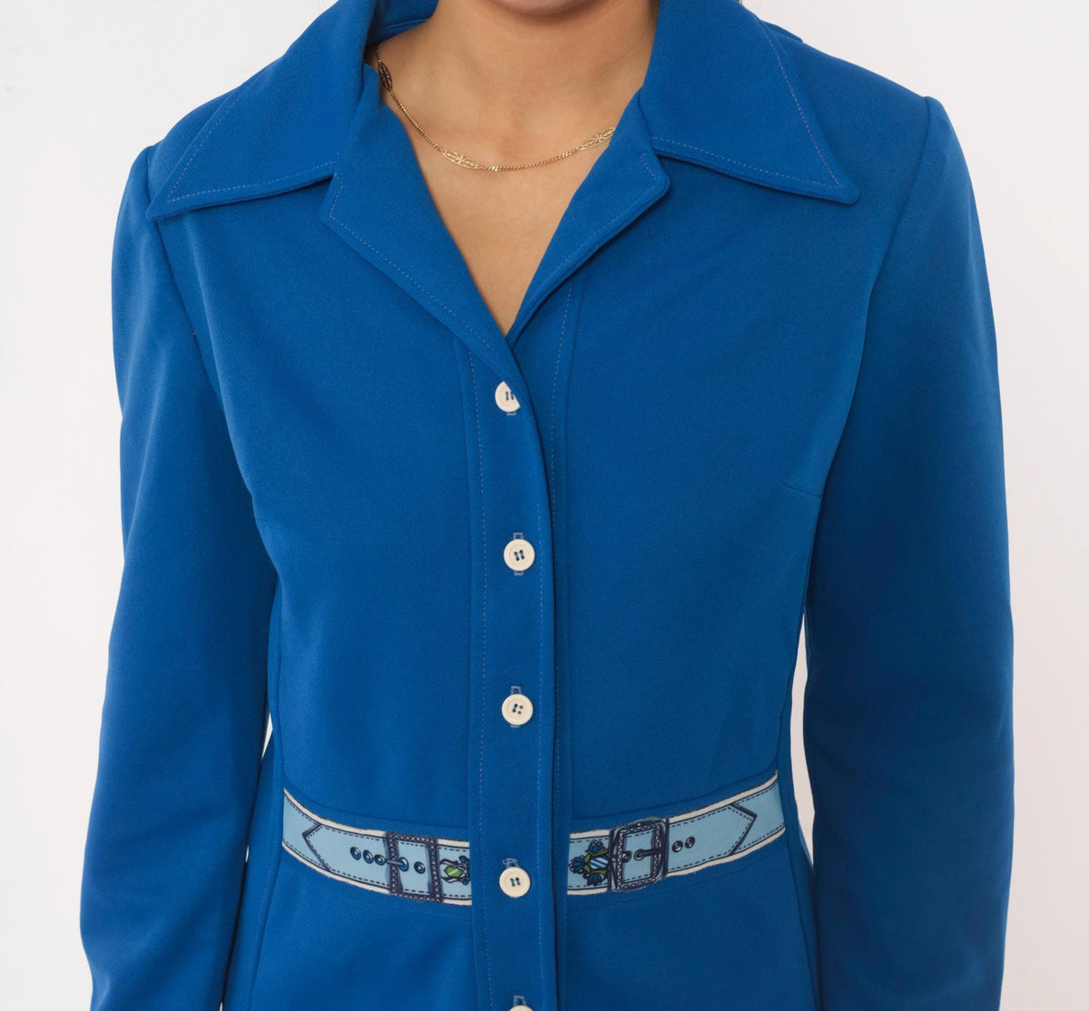 70s Mel Warshaw Cobalt Blue Knit Blouse Trompe L'oeil Belt Buckle Print Medium M