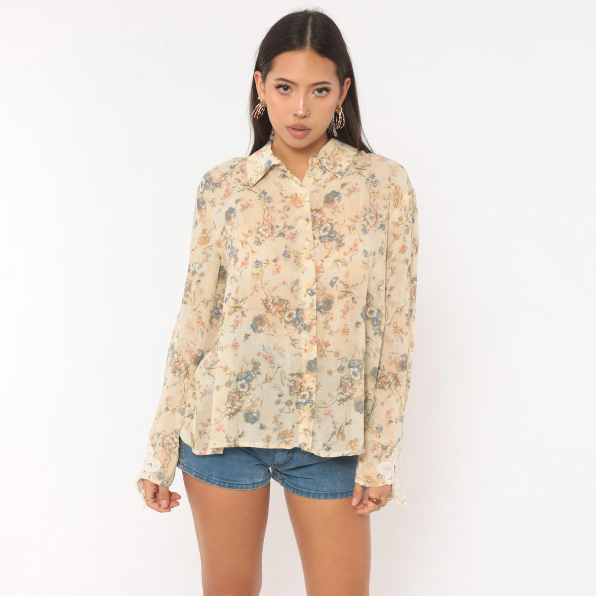 90s Clio Floral Blouse Beige Rayon Semi-Sheer Lace Cuff Medium M