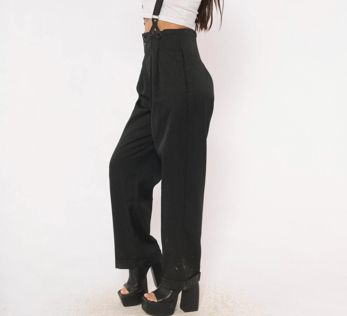 80s 7th Alternative Pinstripe Trousers Black High Waist Pleated Tapered Small S