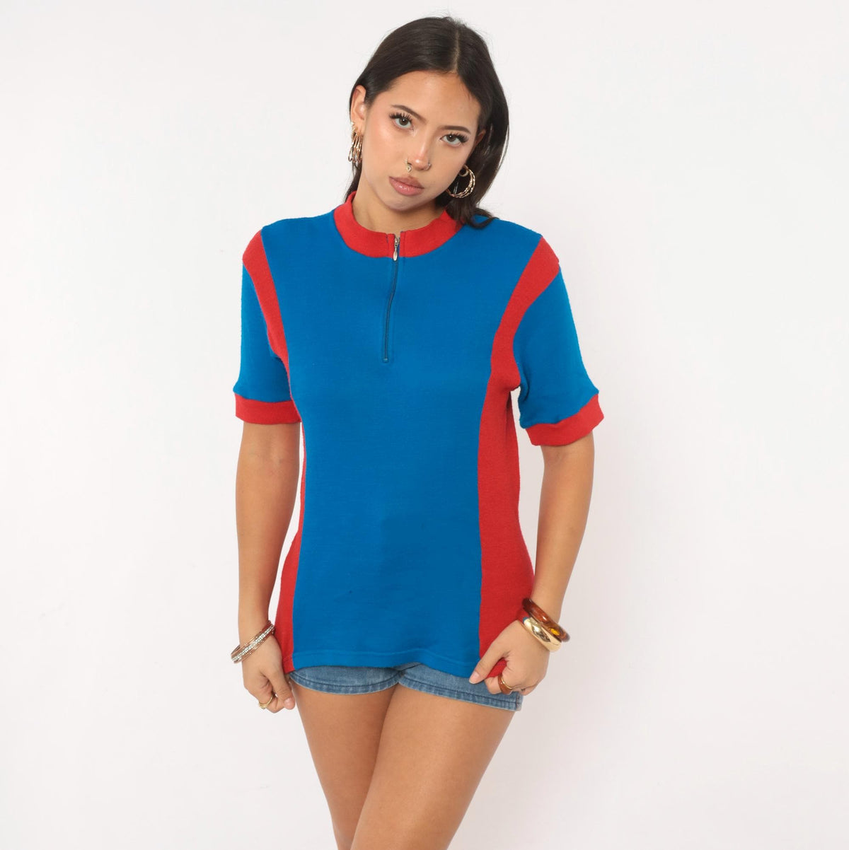 80s Bike Nashbar Cycling Jersey Blue Red Color Block Quarter Zip Medium