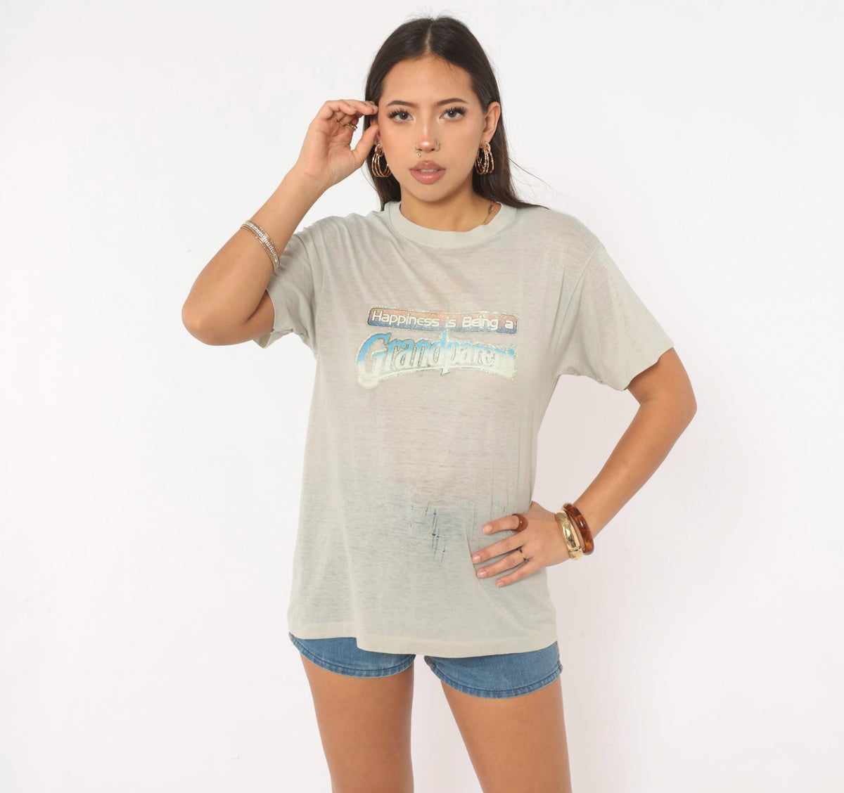 80s Grandparent Graphic Tee Grey Glitter Puff Print Cotton Small