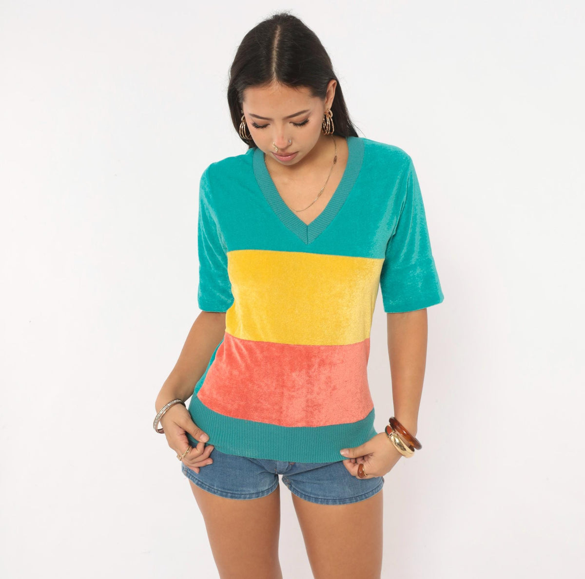 80s Velour Color Block V-Neck Pullover Teal Yellow Coral Medium