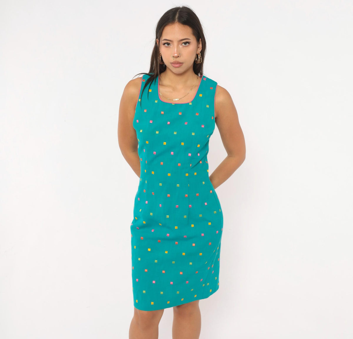 90s First Focus Teal Shift Dress Embroidered Geometric Scoop Neck Small