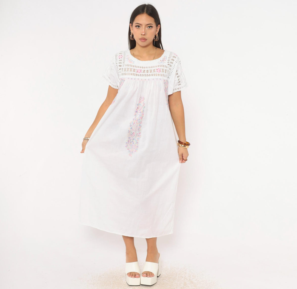 80s Mexican Embroidered Dress White Floral Crochet Lace Yoke Midi Large