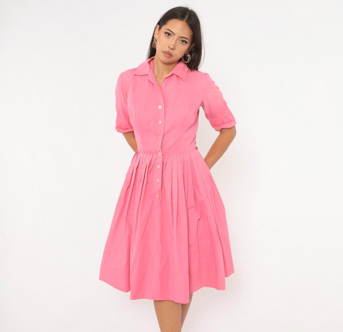 60s Pink Cotton Shirtdress Knife Pleated Knee-Length Button Front Small
