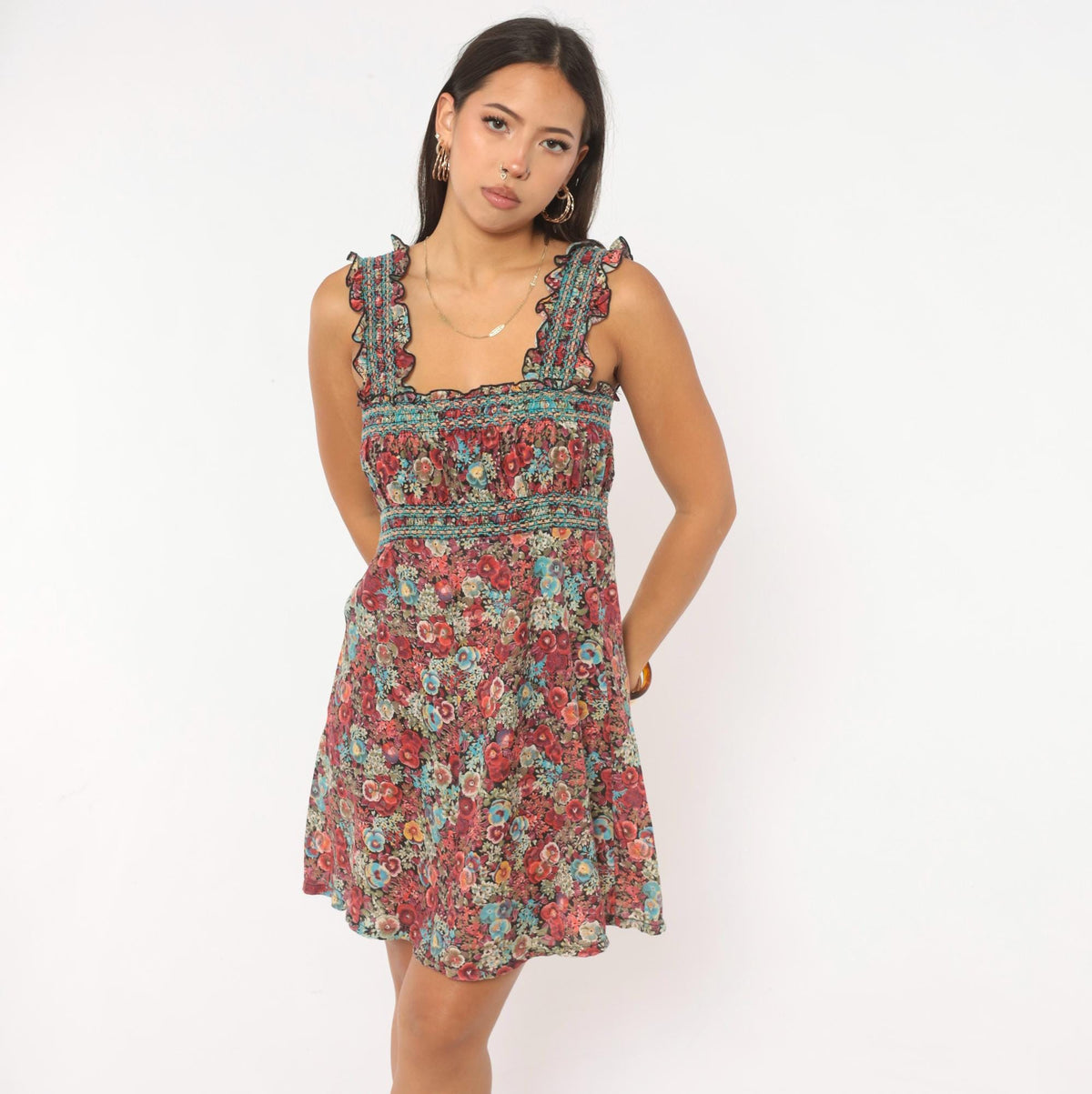 70s Floral Mini Dress Burgundy Blue Smocked Square Neck Ruffle Strap Small