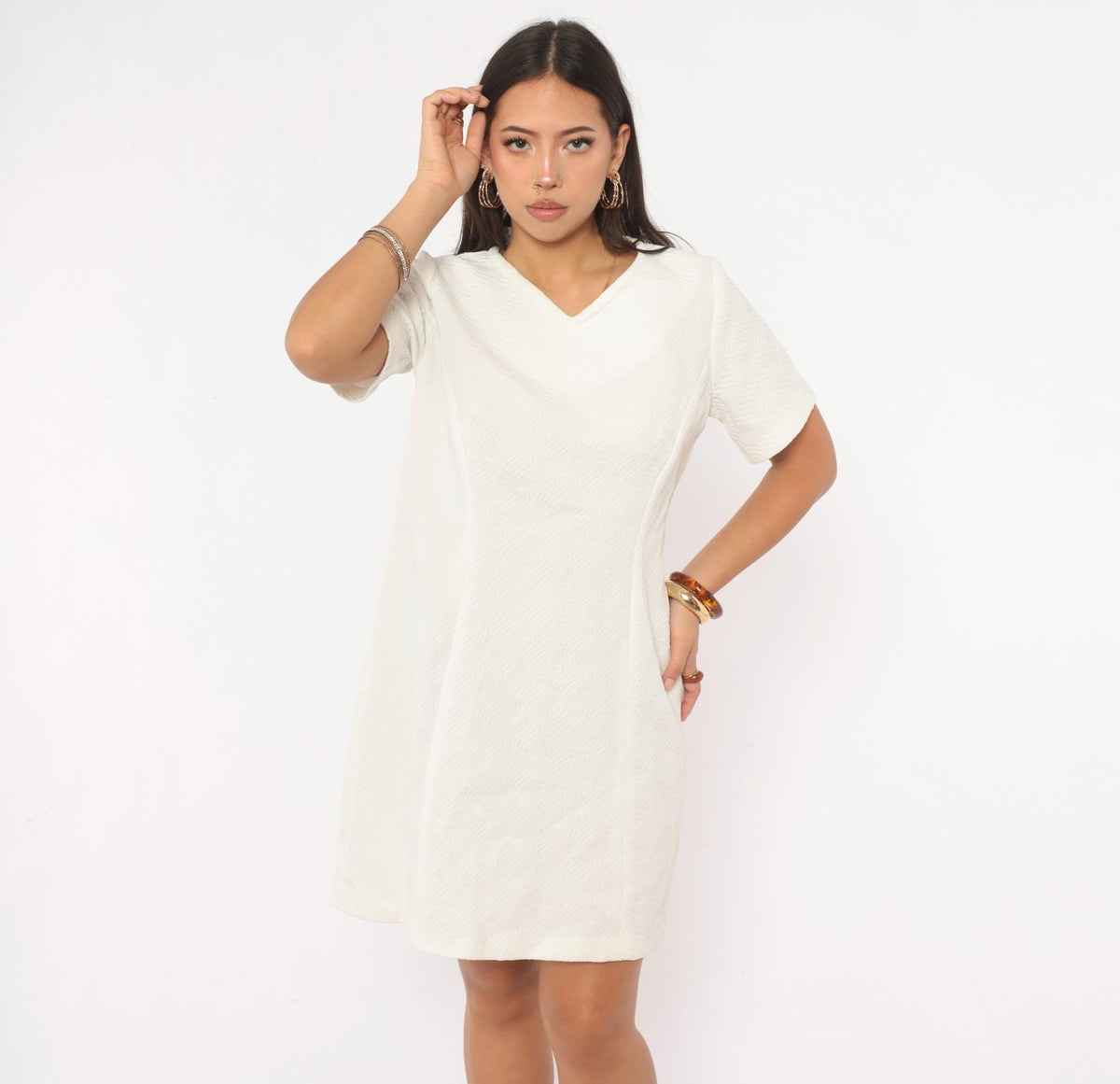 60s White Shift Dress V Neck Short Sleeve Mod A Line Jacquard Medium M