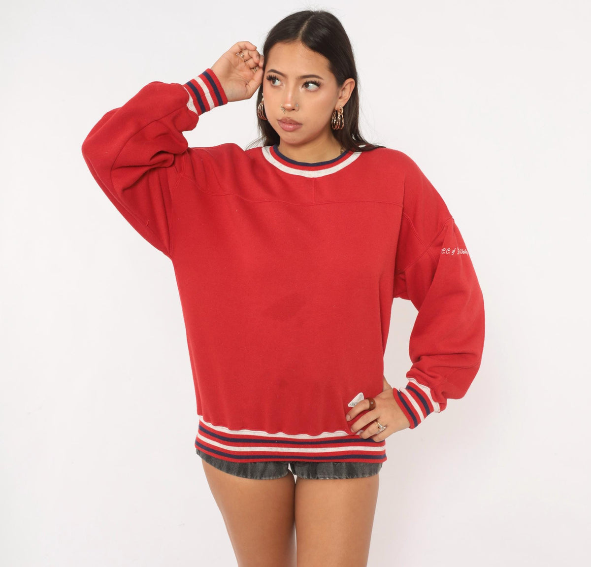 90s Red Crewneck Sweatshirt Striped Rib Trim Navy White Cotton Medium