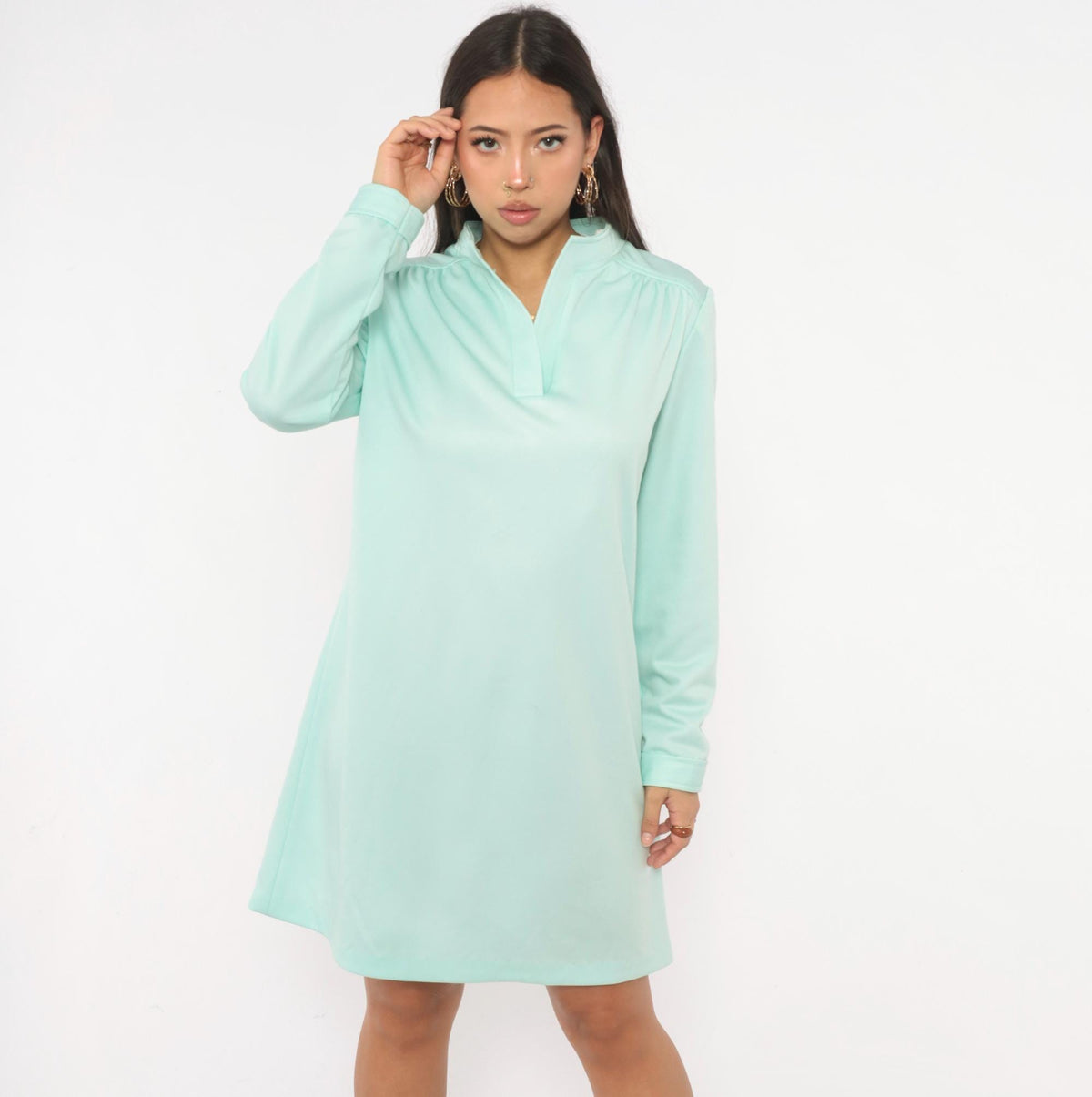 70s Sunshine Alley Mint Green Shift Dress Mandarin Collar Knee-Length Large L