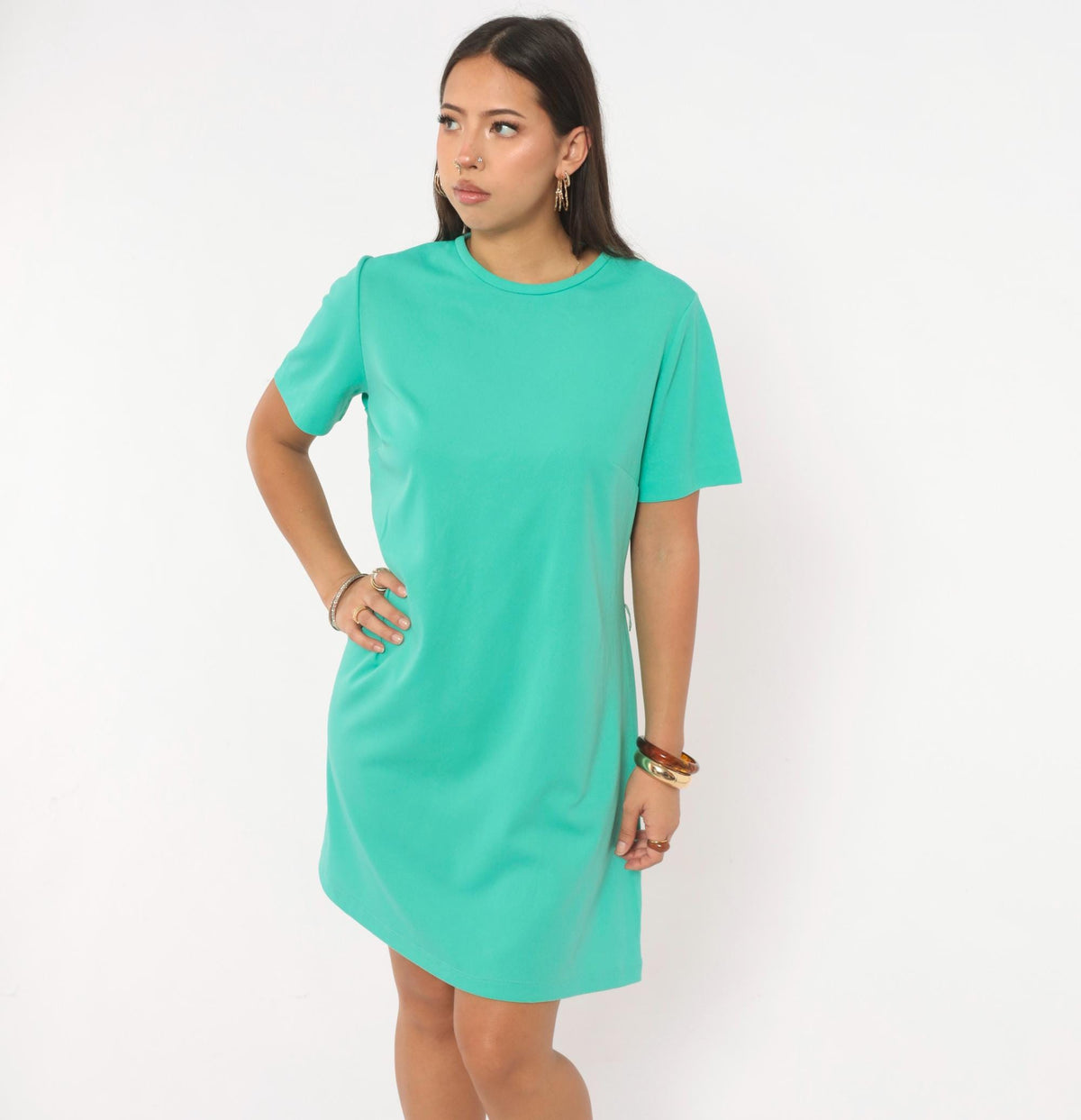 70s Teal Shift Dress A-Line Crew Neck Short Sleeve Solid Green Large