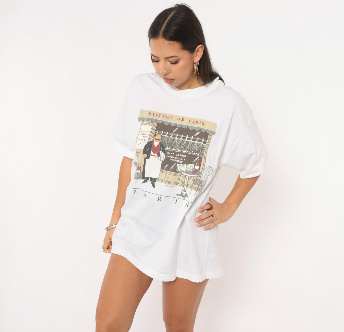 Y2K Alma Mater Paris Bistro Graphic Tee White Cotton Crew Neck Large L