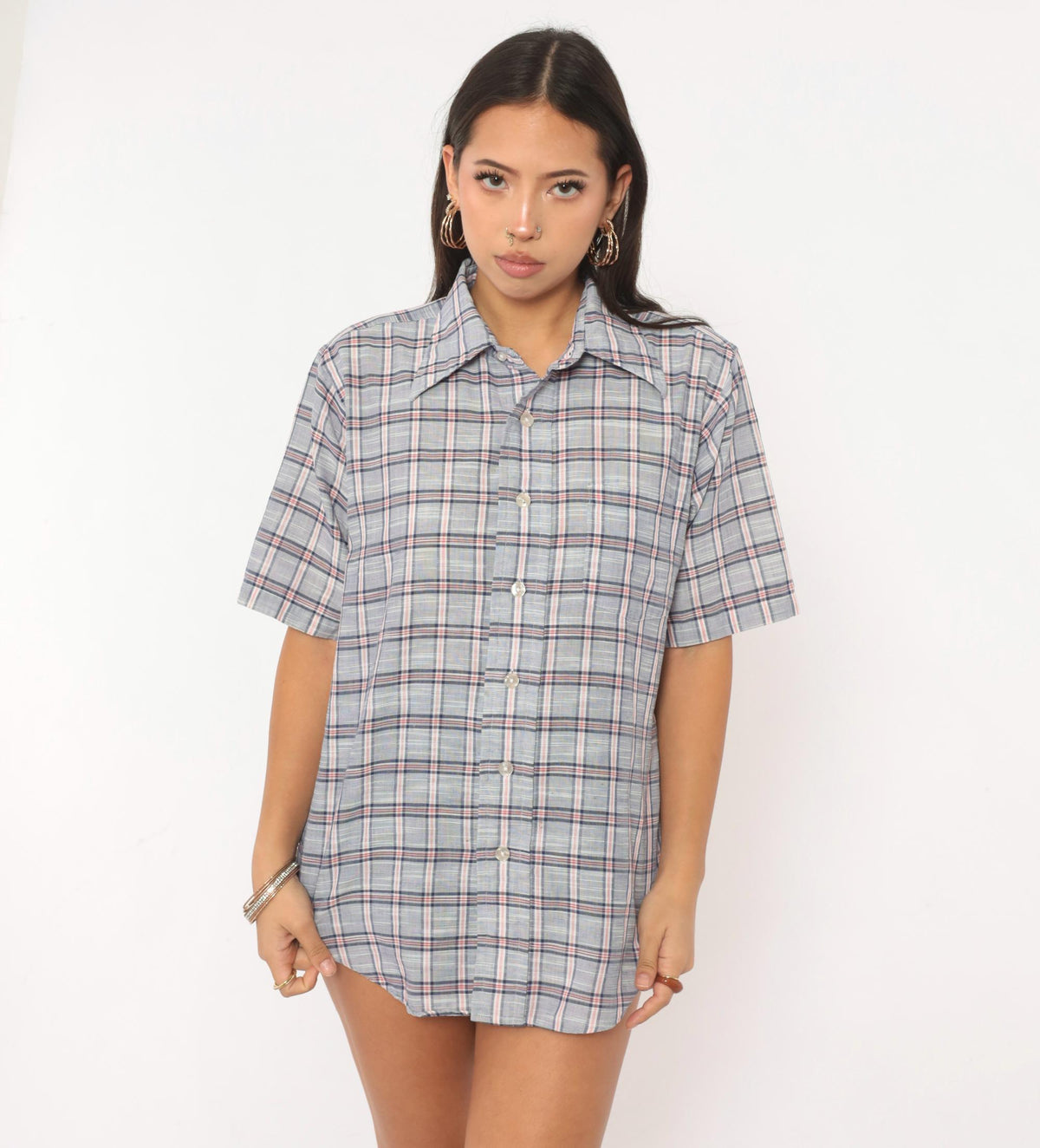 80s Durable Press Plaid Button-Up Shirt Blue Red Check Short Sleeve Medium