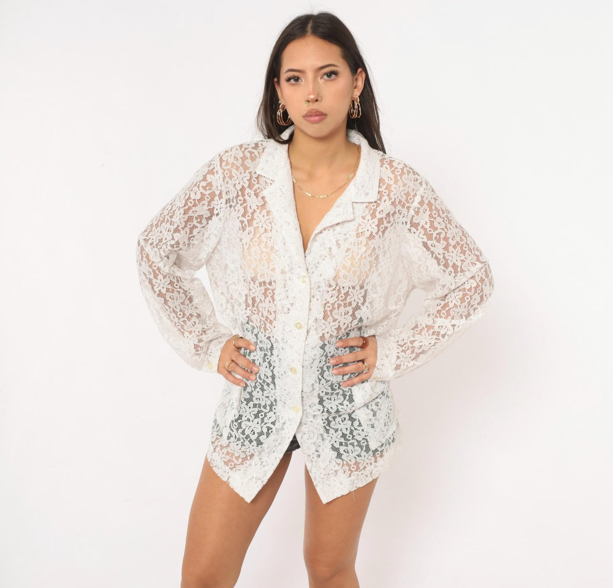 90s White Lace Blouse Sheer Floral Button Front Long Sleeve Patch Pocket Large