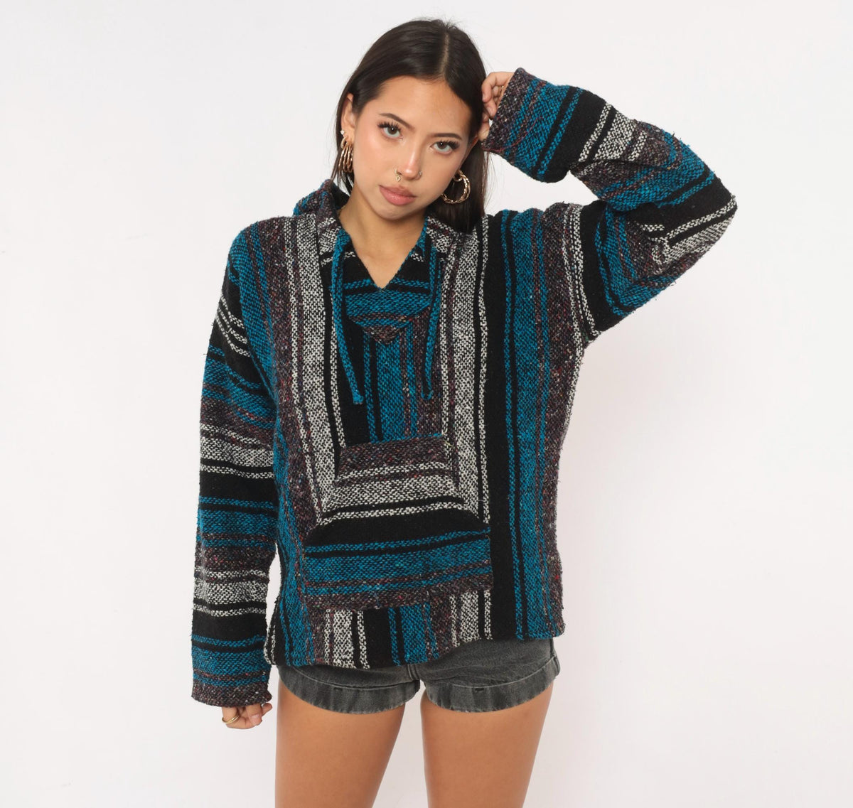 90s Sandy Baja Hoodie Black Teal Striped Woven Pullover Medium