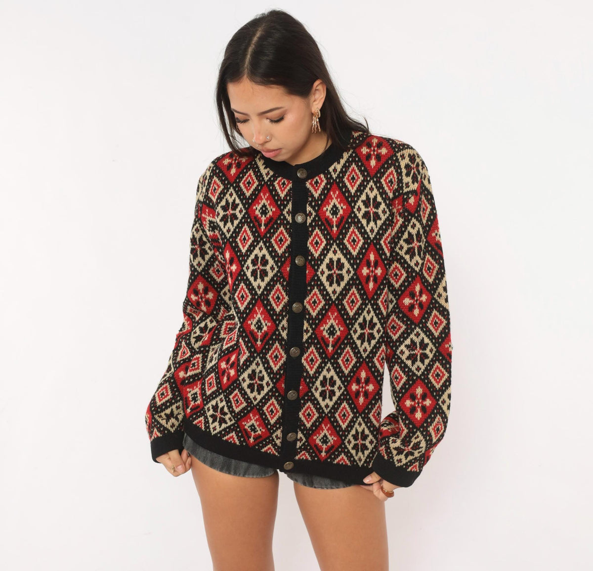 60s Jersild Wool Cardigan Black Red Cream Fair Isle Diamond Medium