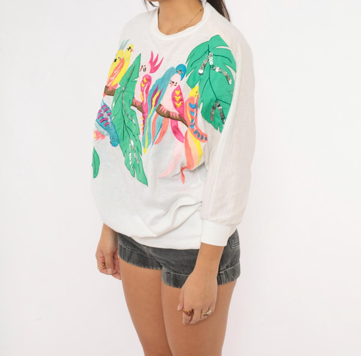 90s Bonnie Boerer Tropical Bird Applique Tee White Cotton Dolman Medium