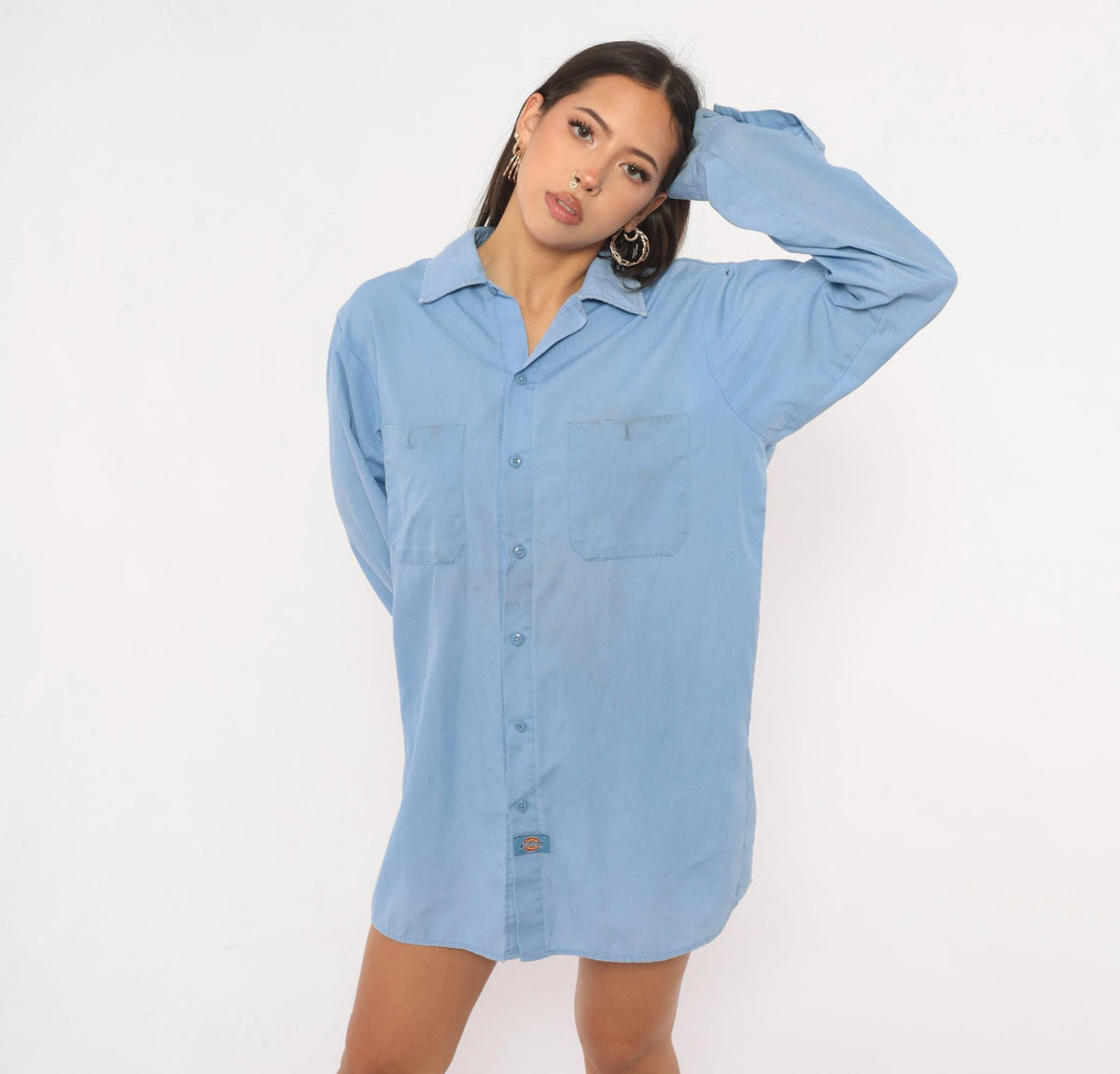 90s Dickies Light Blue Work Shirt Button Front Medium Distressed