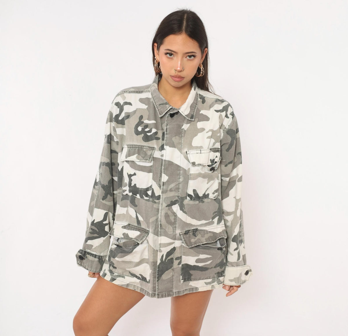 90s Camo Military Field Shirt White Grey Cotton Button Front Medium