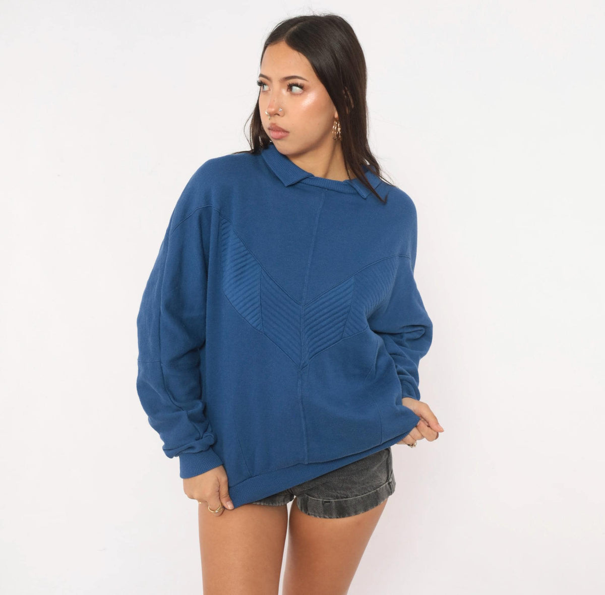 80s Cobalt Sweatshirt Chevron Quilted Panel Collared Cotler Small