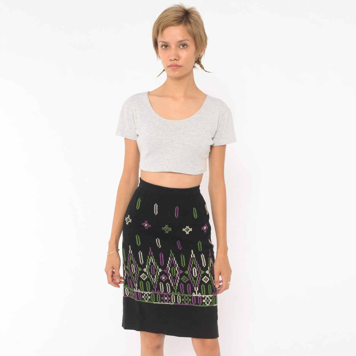 60s Black Wool Embroidered A-Line Skirt Purple Green Cross Stitch Extra Small XS