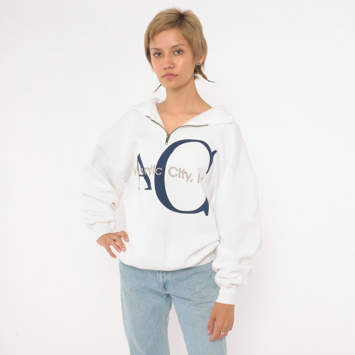 90s Jerzees Atlantic City Quarter Zip Sweatshirt White Navy Graphic Extra Large XL