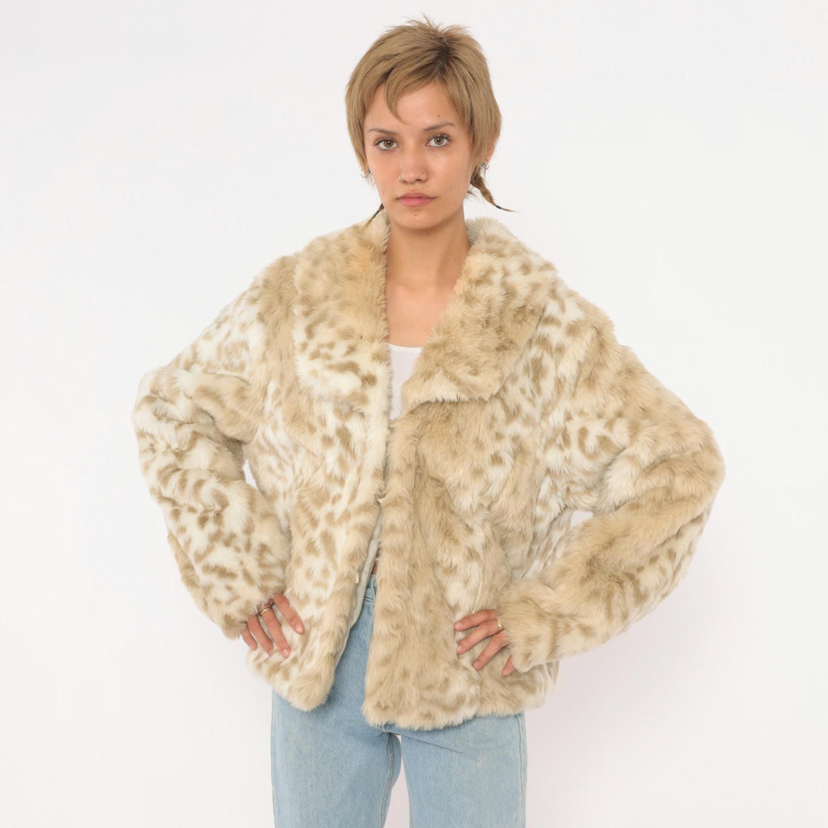 Y2K Relativity Faux Fur Jacket Cream Leopard Print Wide Collar Large L