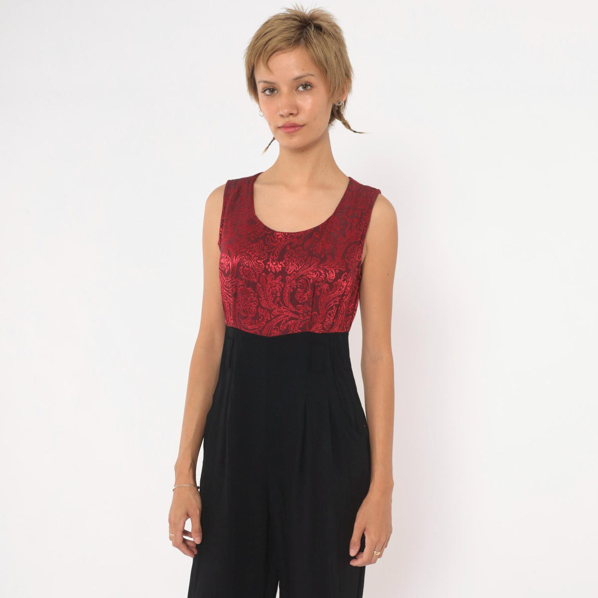 90s Black Jumpsuit Red Brocade Bodice Sleeveless High Waist Small S