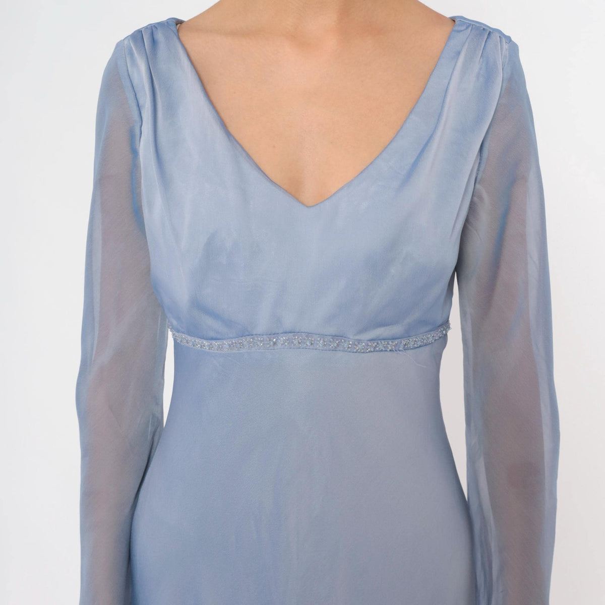 90s Michaelangelo Periwinkle Maxi Dress Empire Waist Beaded V Neck Small