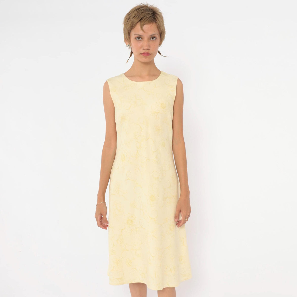 Y2K Tommy Bahama Silk Dress Yellow Floral Sleeveless A-Line Knee Medium M