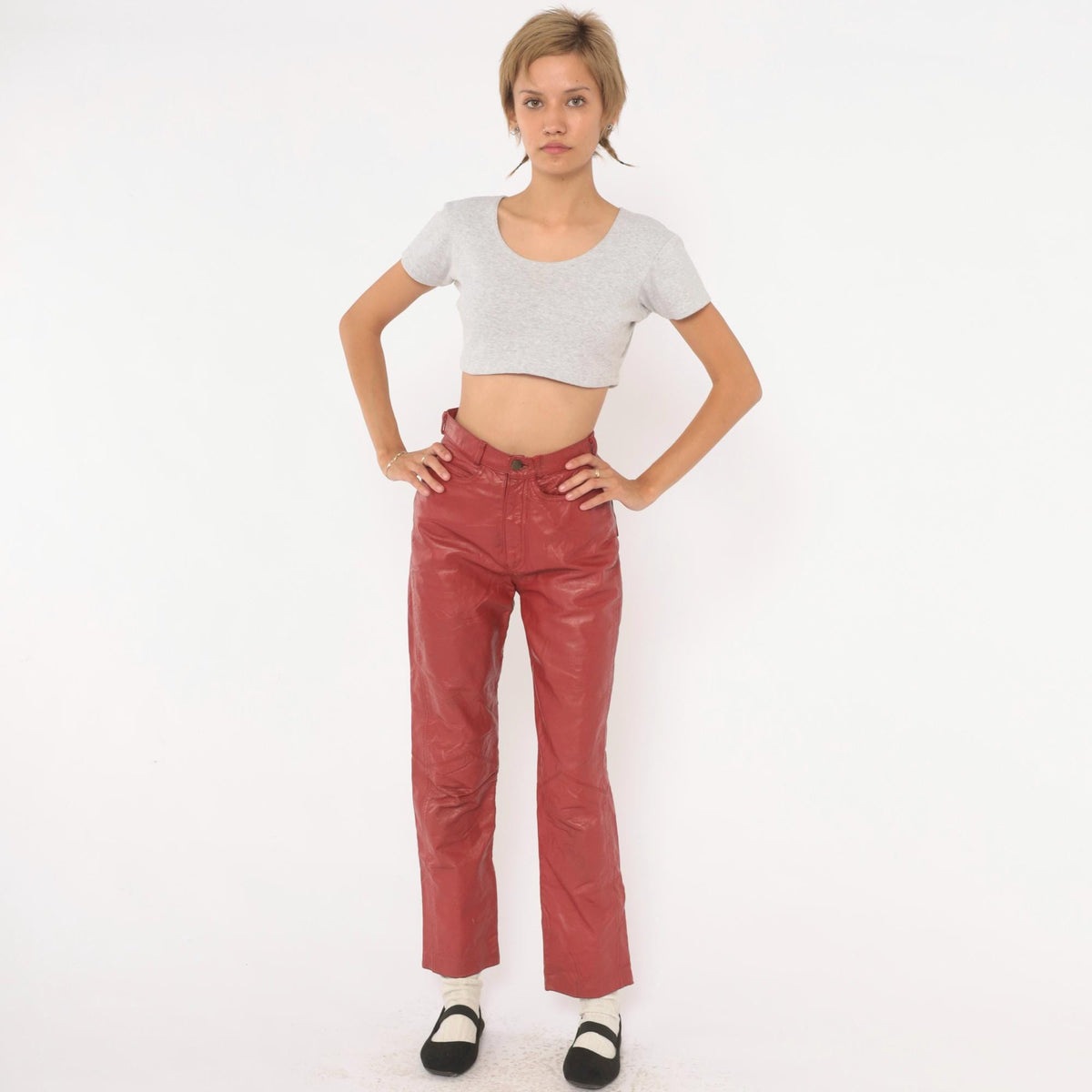 90s Speciale Mode Red Leather Pants High Waist Straight Leg Biker XXS