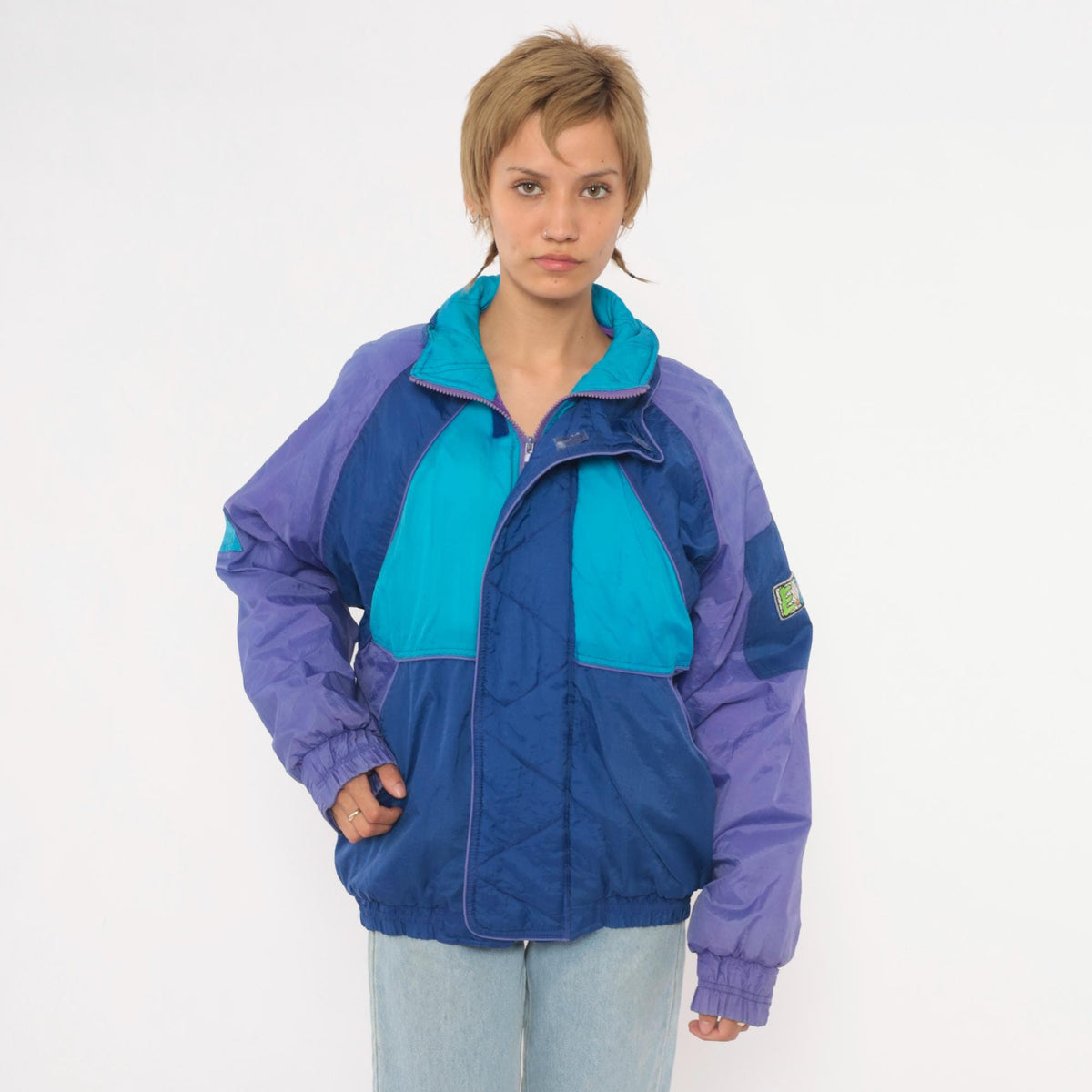 90s EZ Color Block Windbreaker Jacket Blue Purple Teal Quilted Small