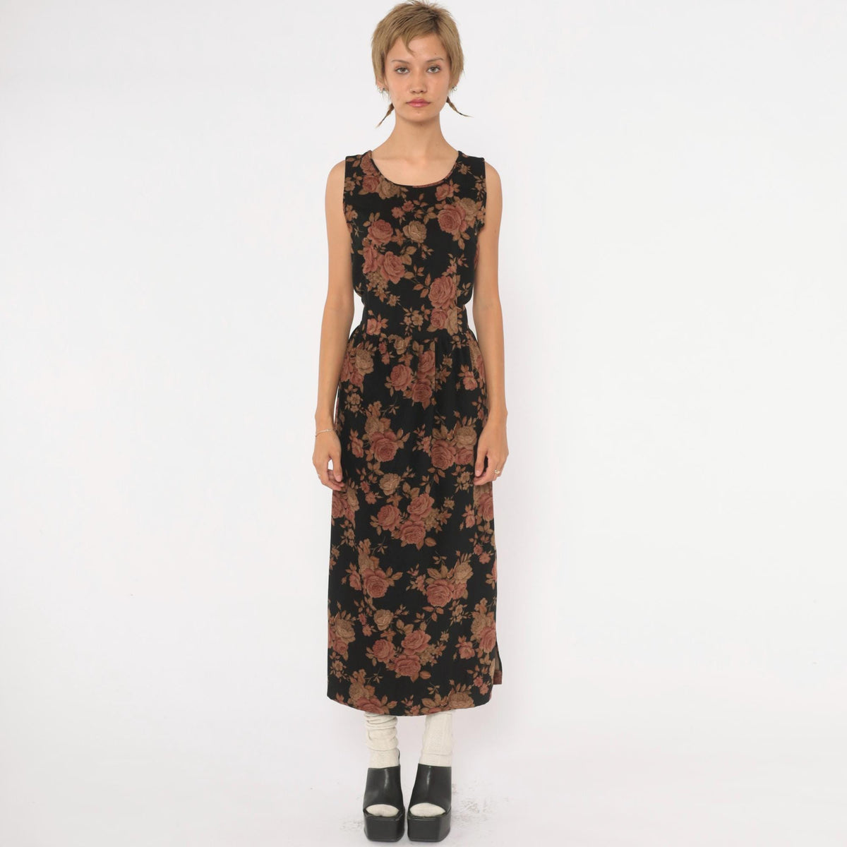 90s Black Floral Velour Dress Rose Print Tie Back Ankle Length Small S