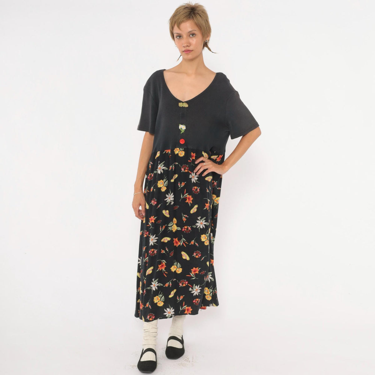90s Petite Impressions Black Floral Midi Dress Ribbed Knit V Neck Large L
