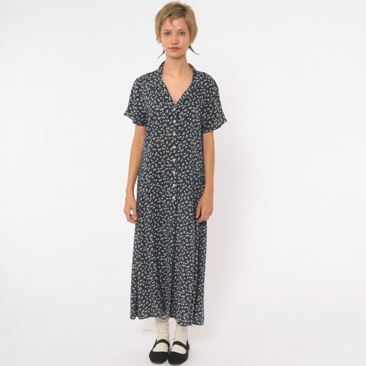 90s Chico's Design Navy Floral Midi Shirt Dress Pearl Buttons Medium M